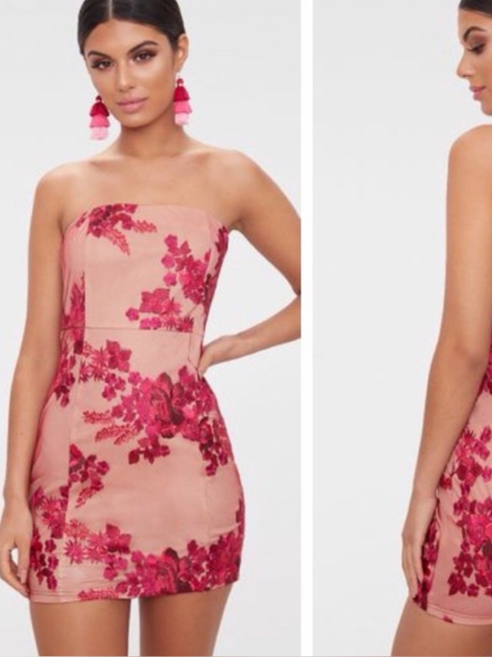 PrettyLittleThing Pink Floral Strapless Bodycon Mini Dress